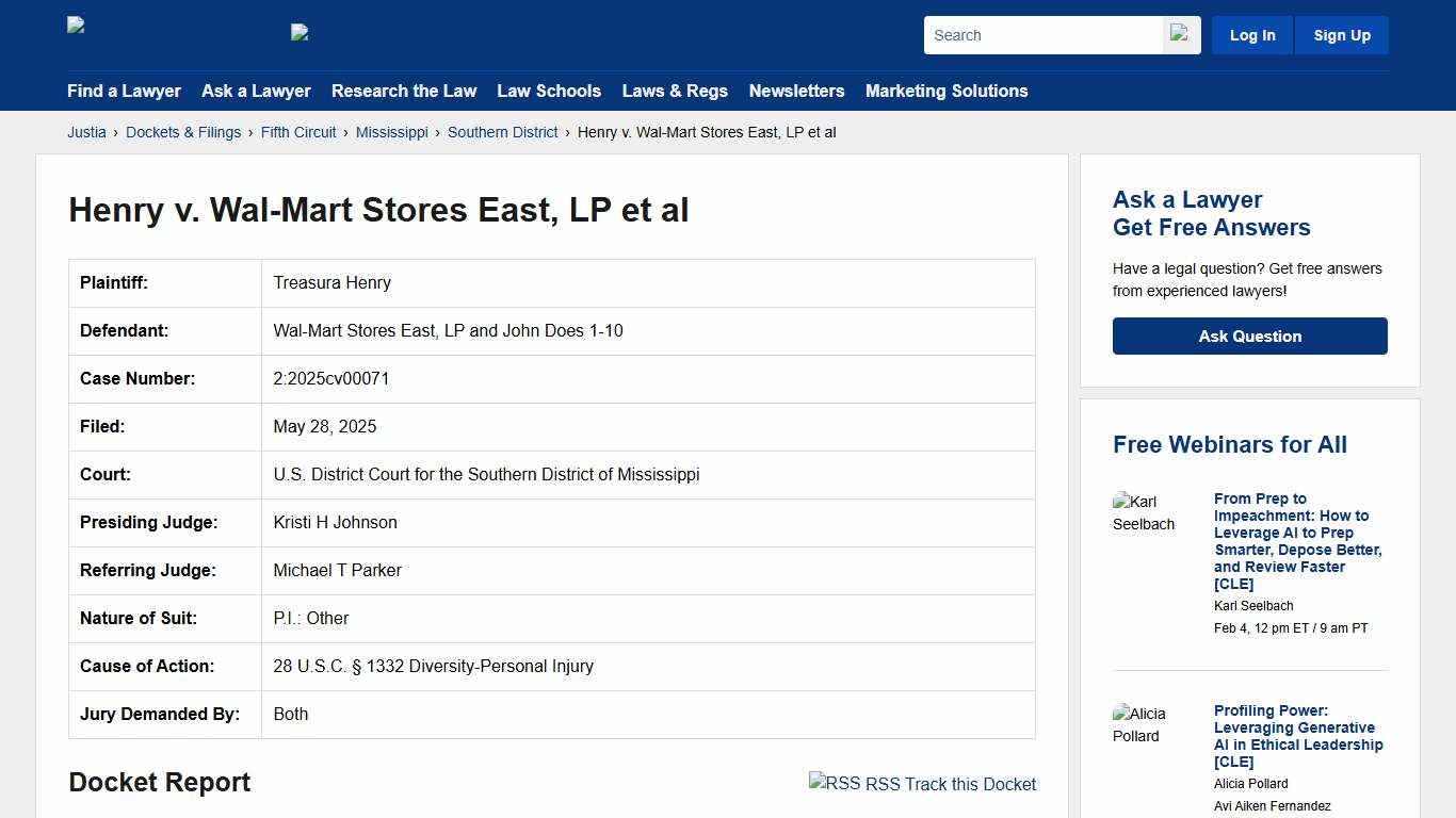 Henry v. Wal-Mart Stores East, LP et al 2:2025cv00071 U.S. District Court for the Southern District of Mississippi Justia
