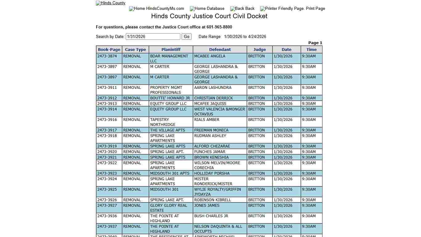 Hinds County Justice Court Civil Docket